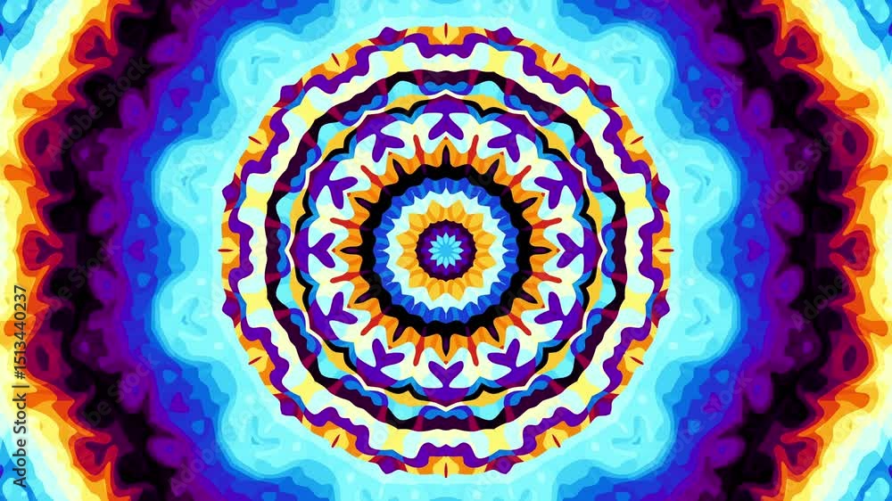 Poster abstract colorful mandala with symmetrical patterns in red, blue, and orange. loop mandala