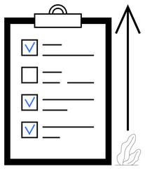 Clipboard with checklist, three marked tasks, empty checkbox, upward arrow, and small plant. Ideal for productivity, progress tracking, management, goal setting planning organization simple