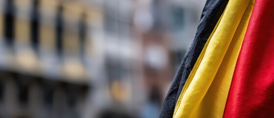 Closeup of Belgian flag waving in the wind with blurred building background Concept of patriotism, national pride, and travel