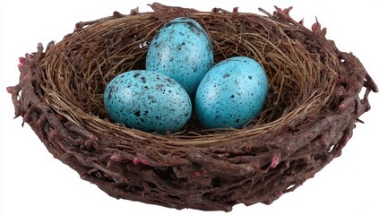 Obraz premium Three teal speckled eggs in a brown twig nest