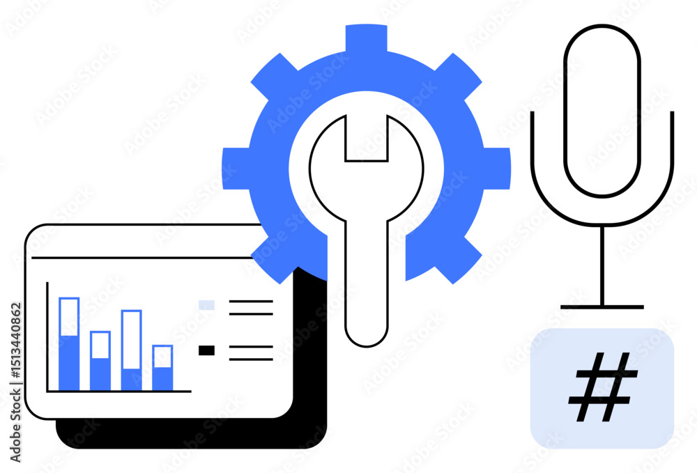Aufkleber analytics chart with bar graphs, microphone for voice interaction, gear for settings, and metadata t