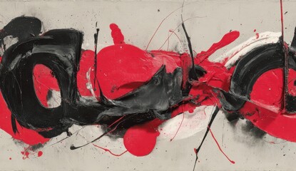 Abstract painting with bold red, black, and white