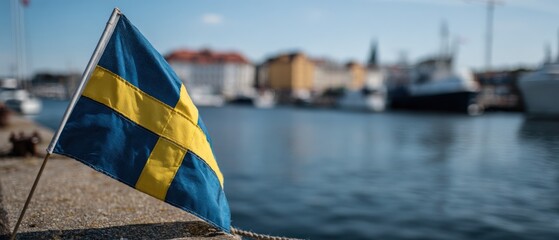 Swedish flag waving gently in the breeze at Gothenburg harbor, Sweden, showcasing patriotism and travel destination on a sunny day