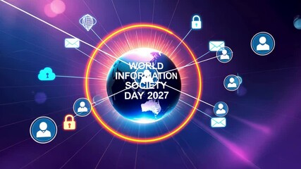 Glowing Digital Globe with Social Media and Network Icons Celebrating World Information Society Day 2027 - Powered by Adobe