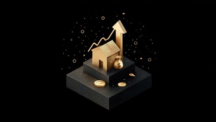 Gold house, money bag, graph, isometric style, on black platforms, rising values