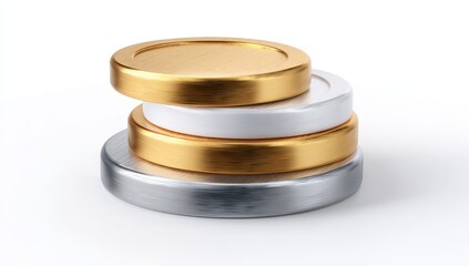 Stack of three metallic discs, gold, white, and silver, on a white background