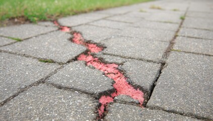 Obraz premium Cracked paving stones, red sealant