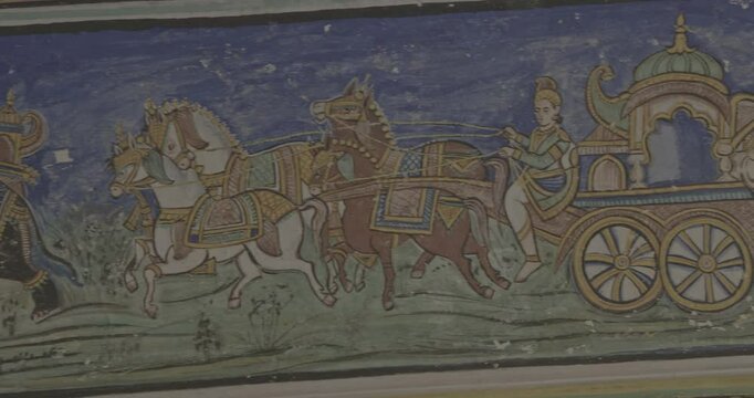 Frescoes Decoration On Wall Of Hanuman Temple In Jaipur, India. Ungraded C LOG 2 Religious Motifs From Life Of Hanuman Are Painted. Monkey-like Deity, Son Of Wind God Vayu. Scene With Horse-drawn Cart