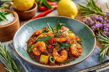 Fototapeta premium Centered Malaysian Spicy Prawn Sambal Udang on Plate