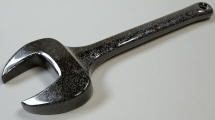 Close-up of a dark gray wrench, speckled with tiny marks