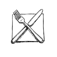 Elegant cutlery set on napkin. Fork and knife crossed on white square napkin. Simple illustration perfect for restaurant menus. This stylish design is ideal for 2026 year of the fire horse themed new