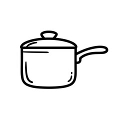 Obraz premium Saucepan illustration for kitchenware catalog. Detailed saucepan drawing shows cooking pot with lid and handle. Simple saucepan image perfect for 2026 New Year kitchen accessories design.