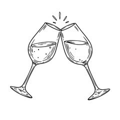 Sparkling champagne flutes clinking in celebratory toast. Elegant line art illustration of two champagne glasses filled with bubbly drink. Perfect image for new year or christmas cards, kitchen decor