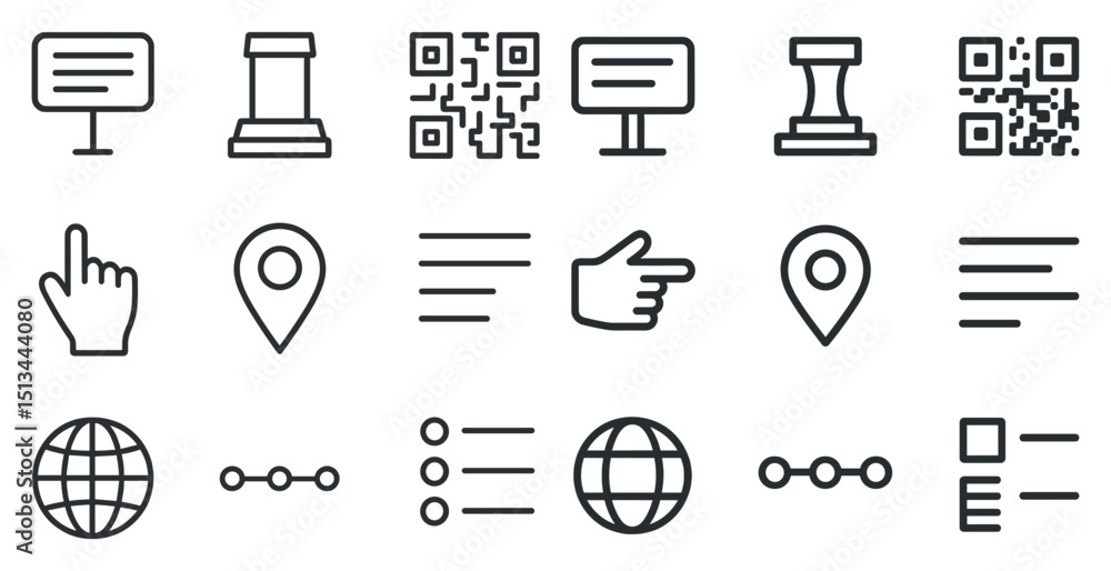 Poster vector icons set featuring qr codes, navigation, and interface elements for ux design