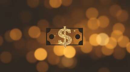 A stylized image of a US dollar bill, depicted as a black silhouette with a gold glitter dollar sign in the center. The background is a blur of out-of-focus golden circles