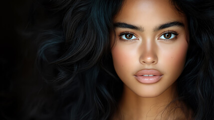 Naklejka premium Beautiful woman with long black hair and glossy lips