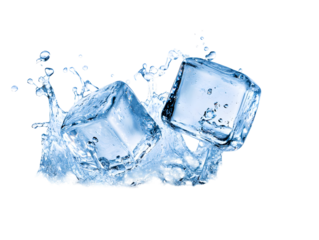 Two ice cubes create splash in clear water, isolated on black background