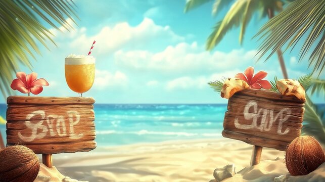 A beach bar summer background with wooden signs coconut