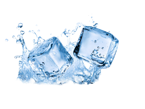Two ice cubes create splash in clear water, isolated on black background