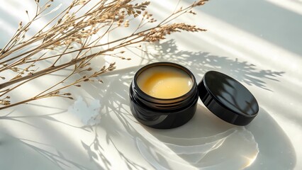 Yellow Lip Balm in Matte Black Jar on Frosted Glass in Sunlight