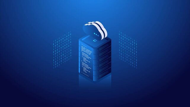 cloud server isometric animation. modern cloud technology. modern server technology. data center animation. cloud computing isometric animation.