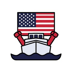 American Flag Boat Illustration A patriotic image of a boat carrying the US flag on the water.