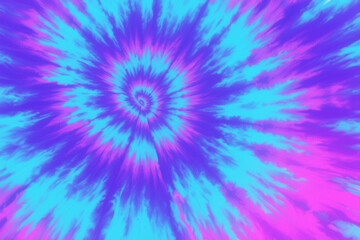Vibrant tie dye spiral pattern in aqua, purple, and pink hues