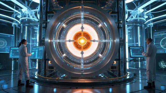 Scientists Operating High-Tech Fusion Reactor in Futuristic Laboratory with Glowing Plasma Core Device