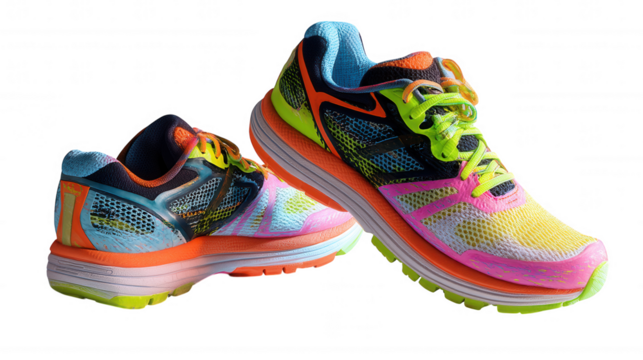 Pair of colorful running shoes isolated on transparent background, PNG