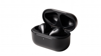 Black wireless earbuds in charging case isolated on transparent background, PNG