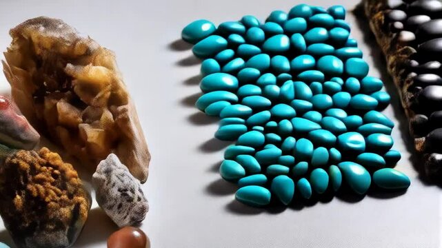 Collection of raw mineral stones and colorful crystal gems on white surface, various textures and shapes, close-up