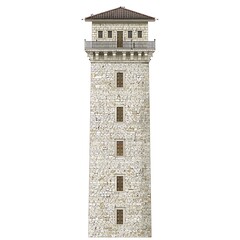 Tall Stone Tower with Balcony and Brown Roof Architectural Illustration.