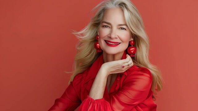 Elegant woman with long blonde hair and gray roots, wearing red outfit and accessories against a red background, showcasing a vibrant, confident, and stylish look. 