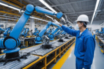Fototapeta premium A blurry car factory, vehicle spare parts production using sophisticated tools, a worker makes spare parts assisted by a sophisticated and modern robot hand, with a blurry car factory background.