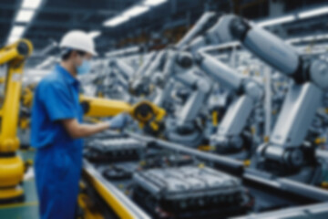 A blurry car factory, vehicle spare parts production using sophisticated tools, a worker makes spare parts assisted by a sophisticated and modern robot hand, with a blurry car factory background.