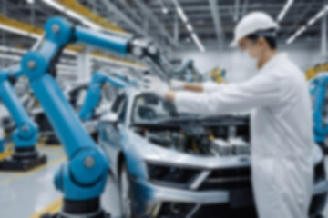 A blurry car factory, vehicle spare parts production using sophisticated tools, a worker makes spare parts assisted by a sophisticated and modern robot hand, with a blurry car factory background.