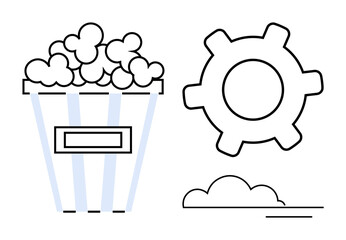 Popcorn bucket with fluffy kernels, outlined gear, and minimalistic cloud. Ideal for entertainment, technology, creativity, leisure, development, imagination and modern design in a flat simple