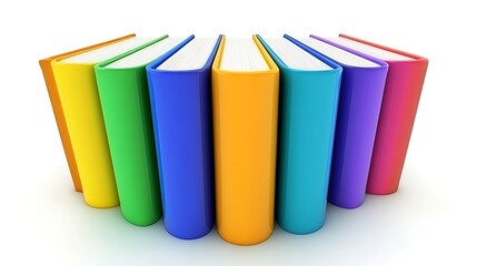 Colorful books arranged in a semi circle on white background