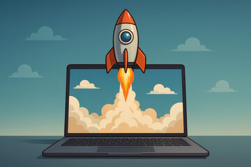A colorful rocket launching from a laptop screen, symbolizing innovation and creativity.