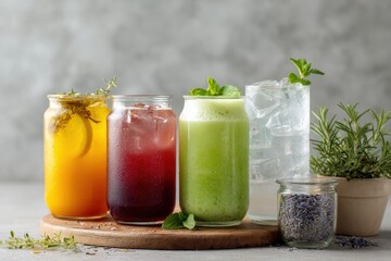 Fototapeta premium Refreshing Lineup of Healthy Alternative Drinks Featuring Herbal Tea, Smoothie, and Water on a Bright Table