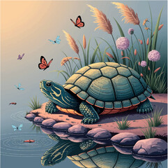 illustration, animal, turtle, vector, ocean, drawing, tortoise, sea, marine, cartoon, underwater, wild, aquatic, nature, graphic, design, wildlife, cute, art, icon, funny, green, character, swim, shel