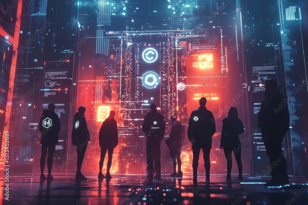 Poster a group of hackers facing a wall - a team of cybersecurity experts confronts a complex barrier, symb