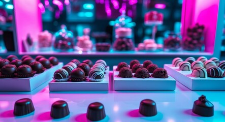 An array of exquisitely crafted chocolate truffles under neon lights a confectionery delight.