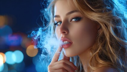 A beautiful woman is smoking, blowing smoke from her mouth against the dark background.