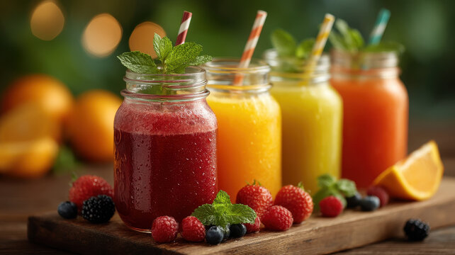Four colorful fruit smoothies in mason jars with straws, garnished with mint and surrounded by fresh berries and oranges on a wooden board. - Powered by Adobe