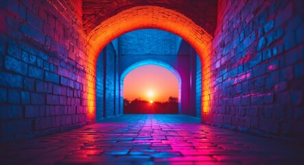 Arched Tunnel of Bricks Bathed in Neon Lights Leads to Glowing Horizon at Sunset.