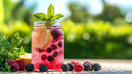 Refreshing berry lemonade in a mason jar with mint and lemon, set outdoors on a sunny day.