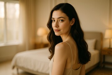 Young woman turning back in bedroom with soft lighting  