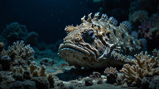 A stonefish blending with the coral seabed in dim underwater