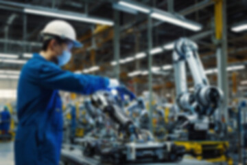 Fototapeta premium A blurry car factory, vehicle spare parts production using sophisticated tools, a worker makes spare parts assisted by a sophisticated and modern robot hand, with a blurry car factory background.